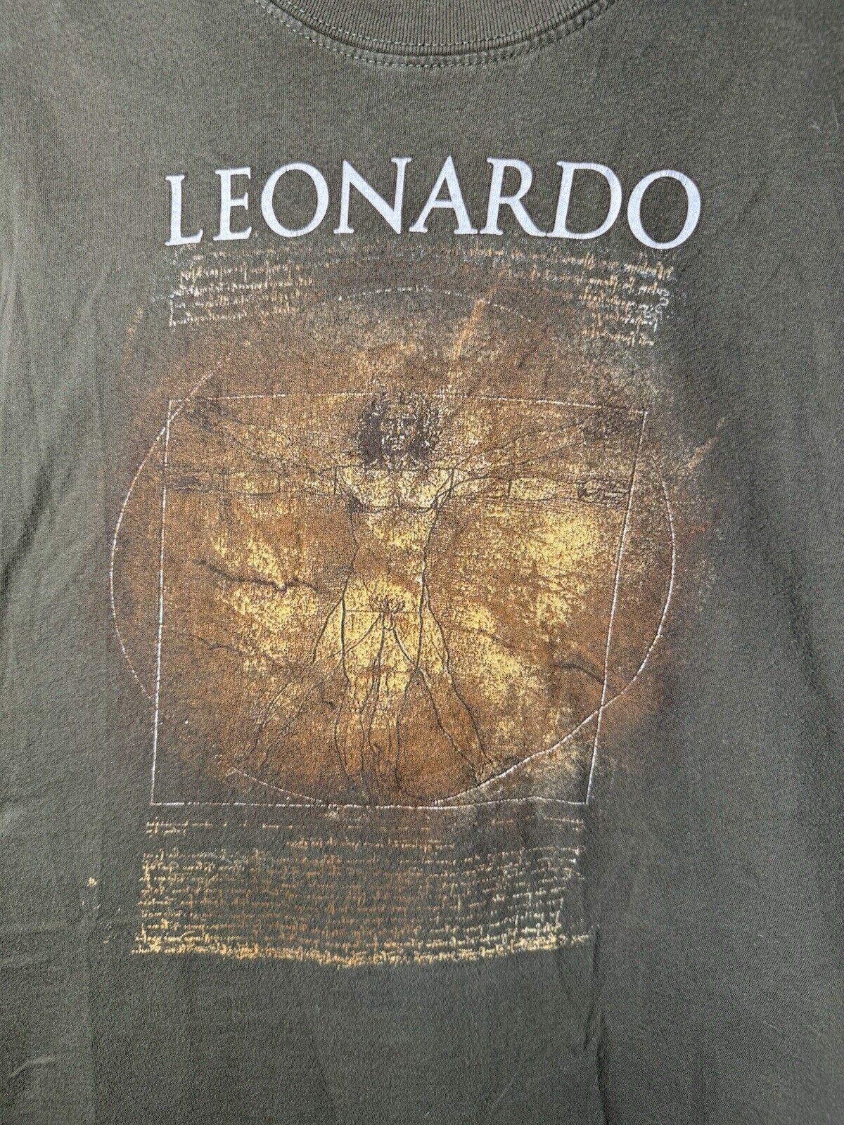 Vintage Leonardo Da Vinci T-Shirt Vitruvian Man Shirt Green Size Small Rare 