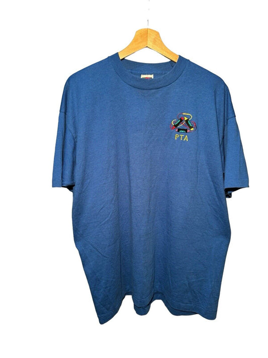 Vintage PTA Parent Teacher T-Shirt Sz XL Blue Single Stitch School Embroidered 