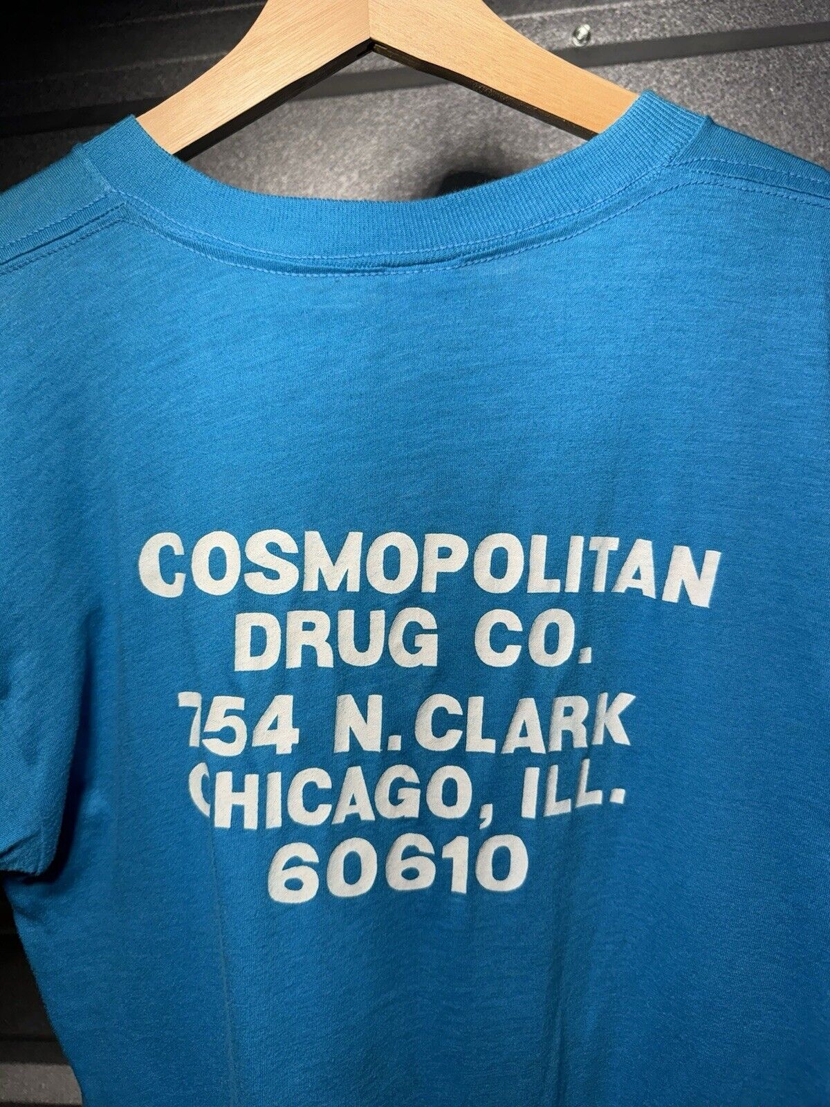 Vintage I Get My Drugs At Cosmos T Shirt Blue Sz L Made In USA 70s 