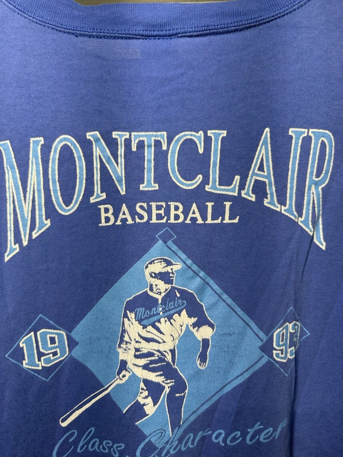 Vintage 1993 Russell Athletic Montclair Baseball T-Shirt L Blue Dbl Sided USA 