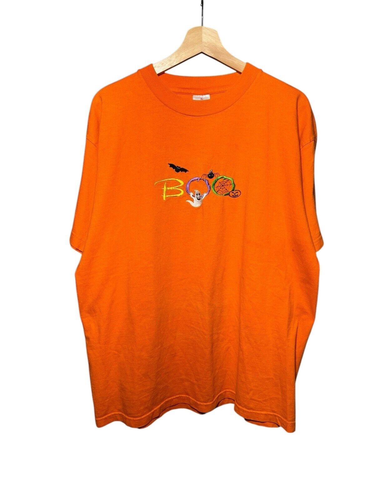 Vintage Halloween Boo Embroidered T-Shirt Orange Sz XL Murina Ghost 