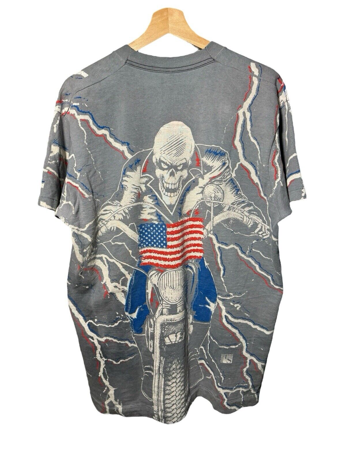 Vintage 1994 USA Biker Motorcycle Skull AOP Sz L Faded Fruit Of The Loom RARE