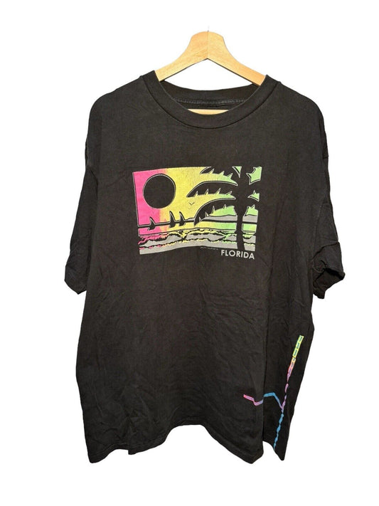 Vintage 90s Florida T-Shirt Beach Palm Trees Neon T-Shirt Black Size XL 