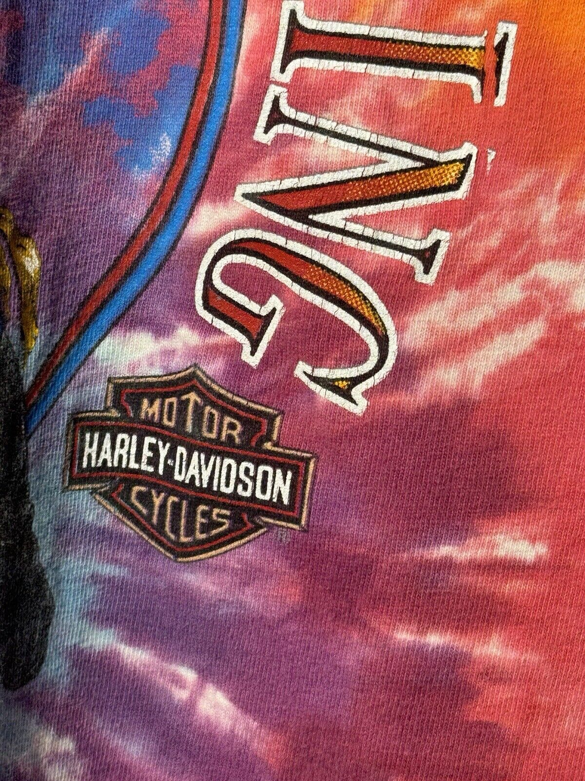 VTG 90s HARLEY DAVIDSON TIE DYE T SHIRT EXTRA LARGE BUILT TO HANDLE ANYTHING 