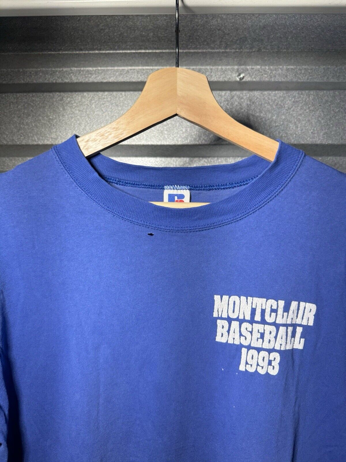 Vintage 1993 Russell Athletic Montclair Baseball T-Shirt L Blue Dbl Sided USA 