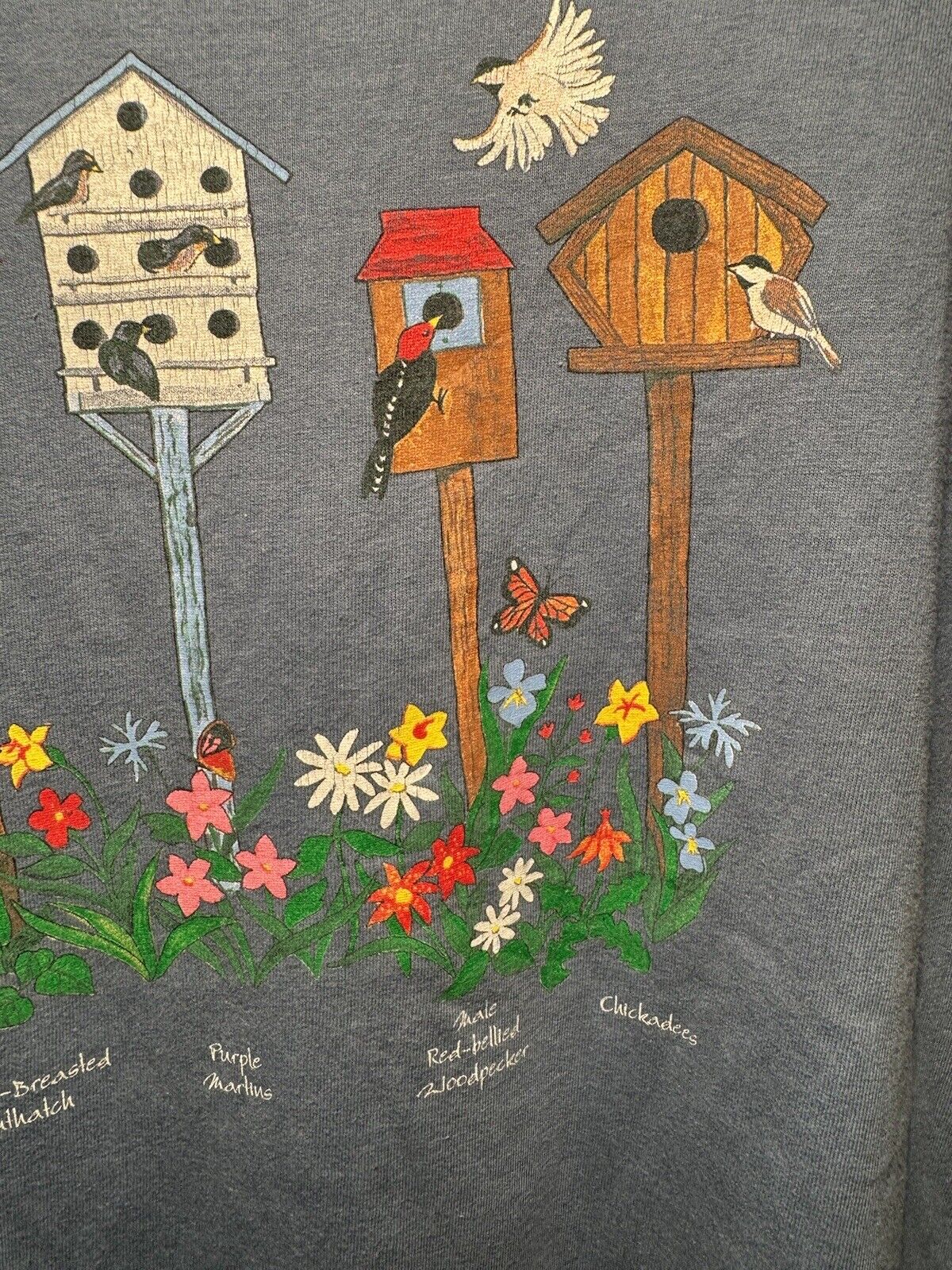 Vintage 90s Birds Flowers and Birdhouses T-Shirt Women’s L Blue Single Stitch  