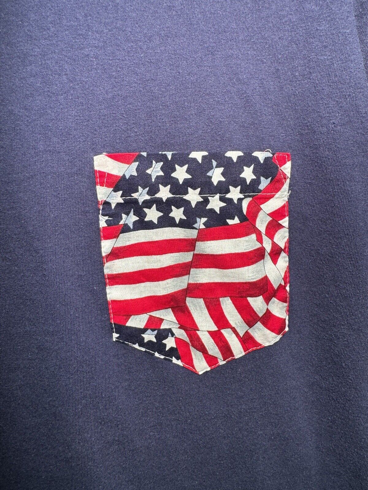 Vintage USA America Flag Pocket T-Shirt Navy Blue Sz L Made in USA July 4 