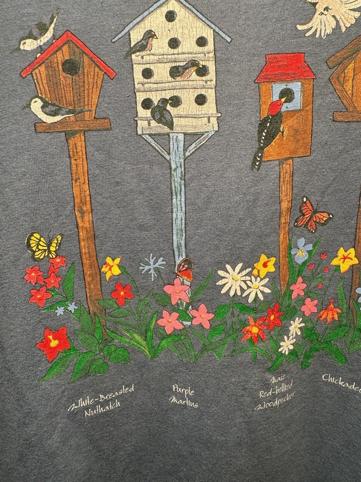 Vintage 90s Birds Flowers and Birdhouses T-Shirt Women’s L Blue Single Stitch  