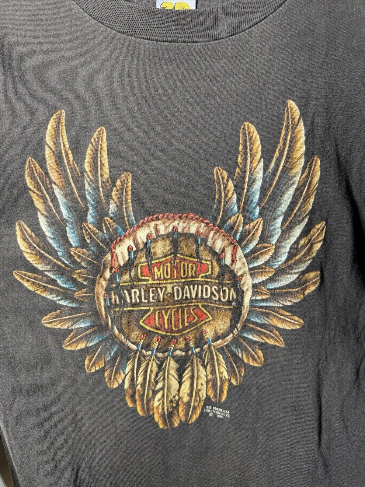 Vintage Harley Davidson 3D Emblem Native 1991 T-Shirt Size M Long Sleeve