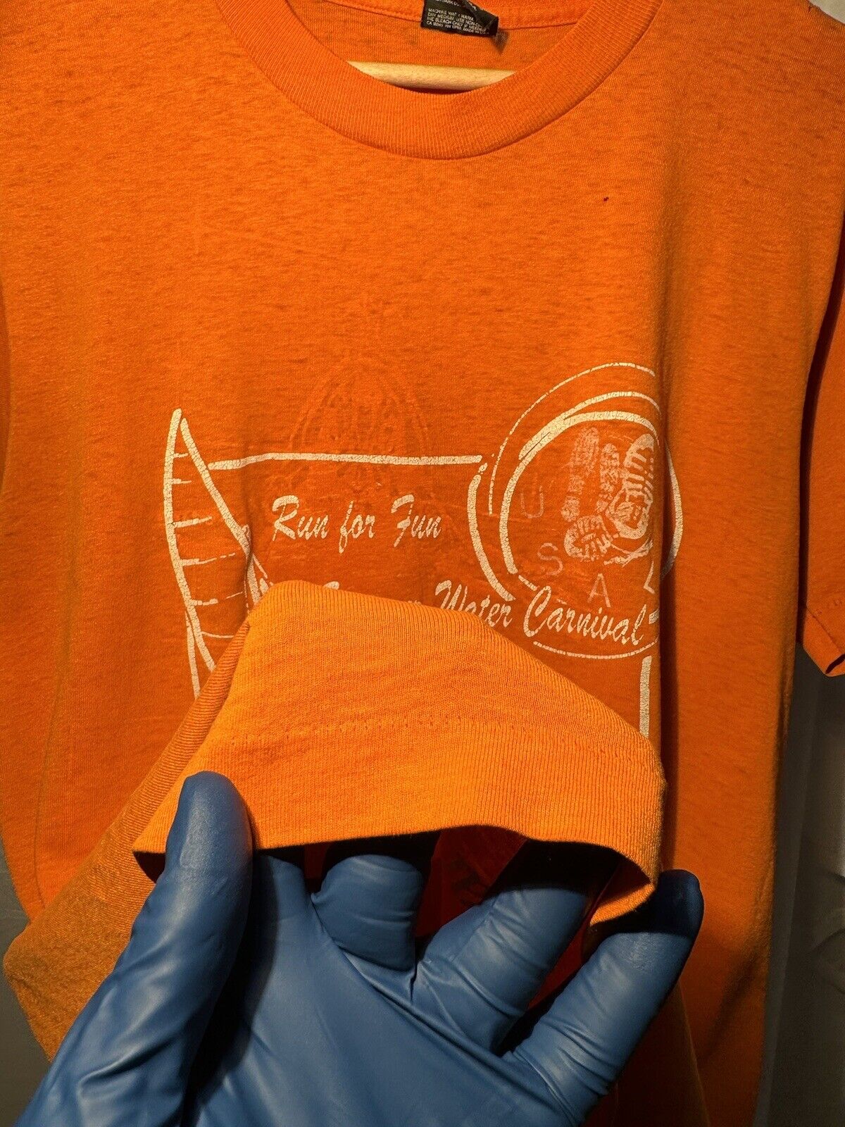 Vintage 80s Run For Fun Carnival T-Shirt M  Fruit Of The Loom USA Made Orange 