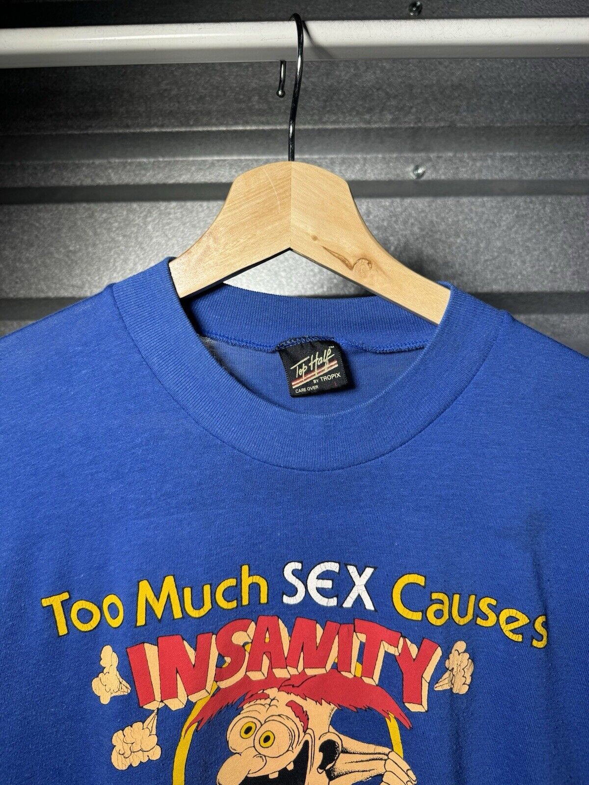 Vintage 70s 80s Too Much Sex Funny T-Shirt Blue Sz L Quotes Humor USA