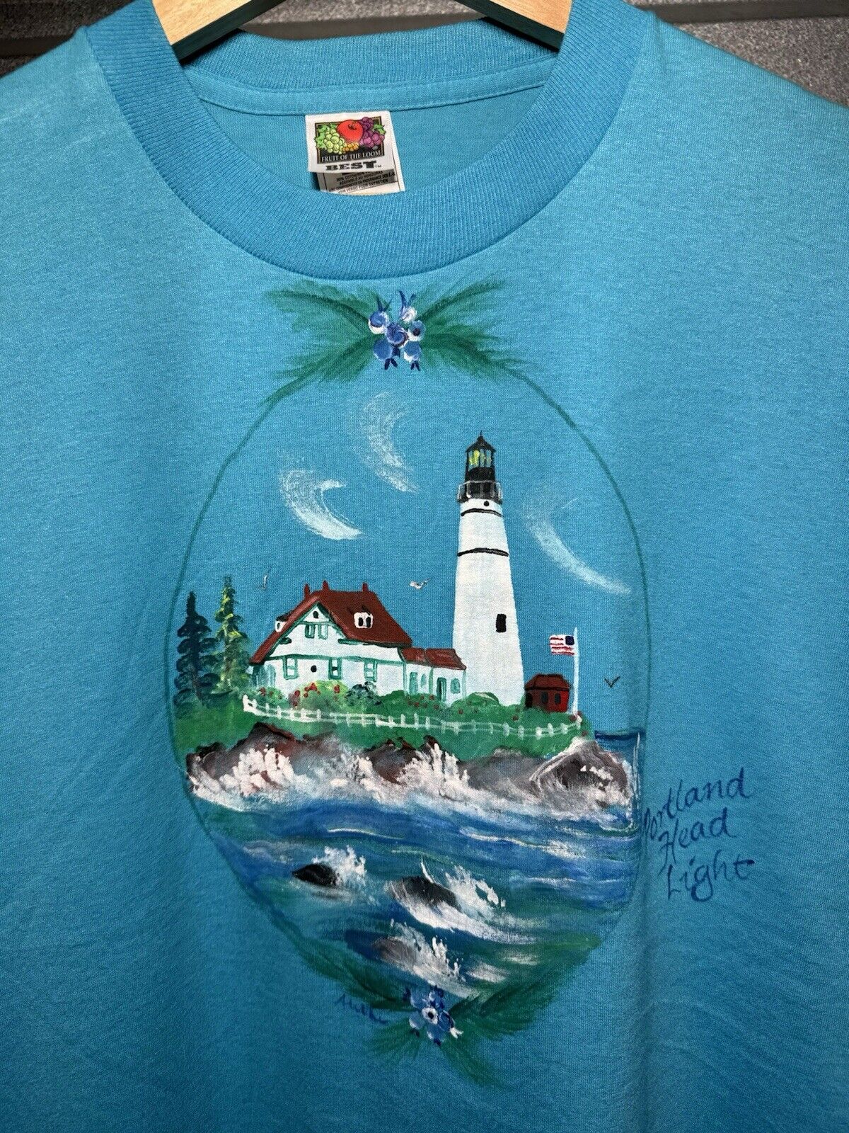 Vintage Portland Head Light Art T-Shirt Sz XL Blue FOTL USA Artist 