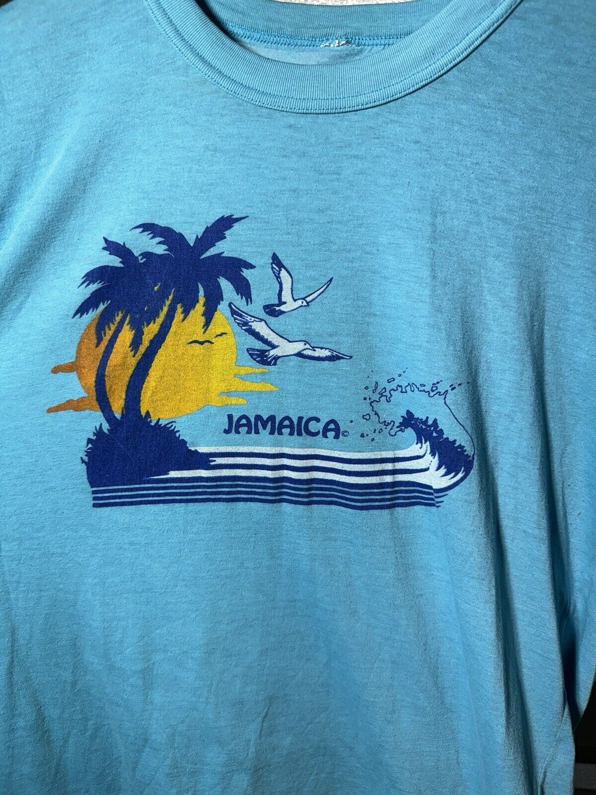 Vintage 80s 90s Jamaica T-Shirt Ocean Birds Nature Blue Sz M Single Stitch