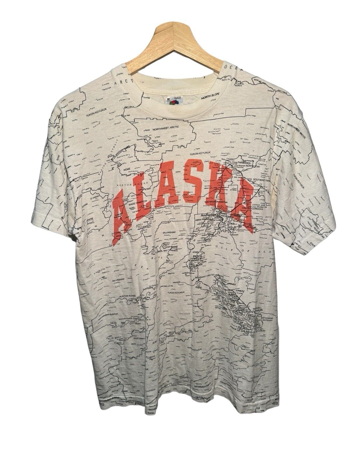 Vintage Alaska State Lakes Roads Highways Map AOP Shirt Size M White 