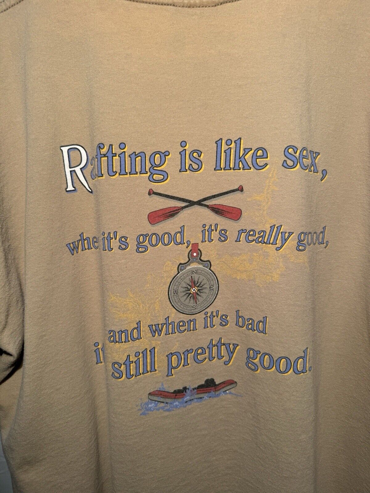 Vintage 90s Rafting Is Like Sex Funny T-Shirt Sz XXL Tultex Beige Quotes 