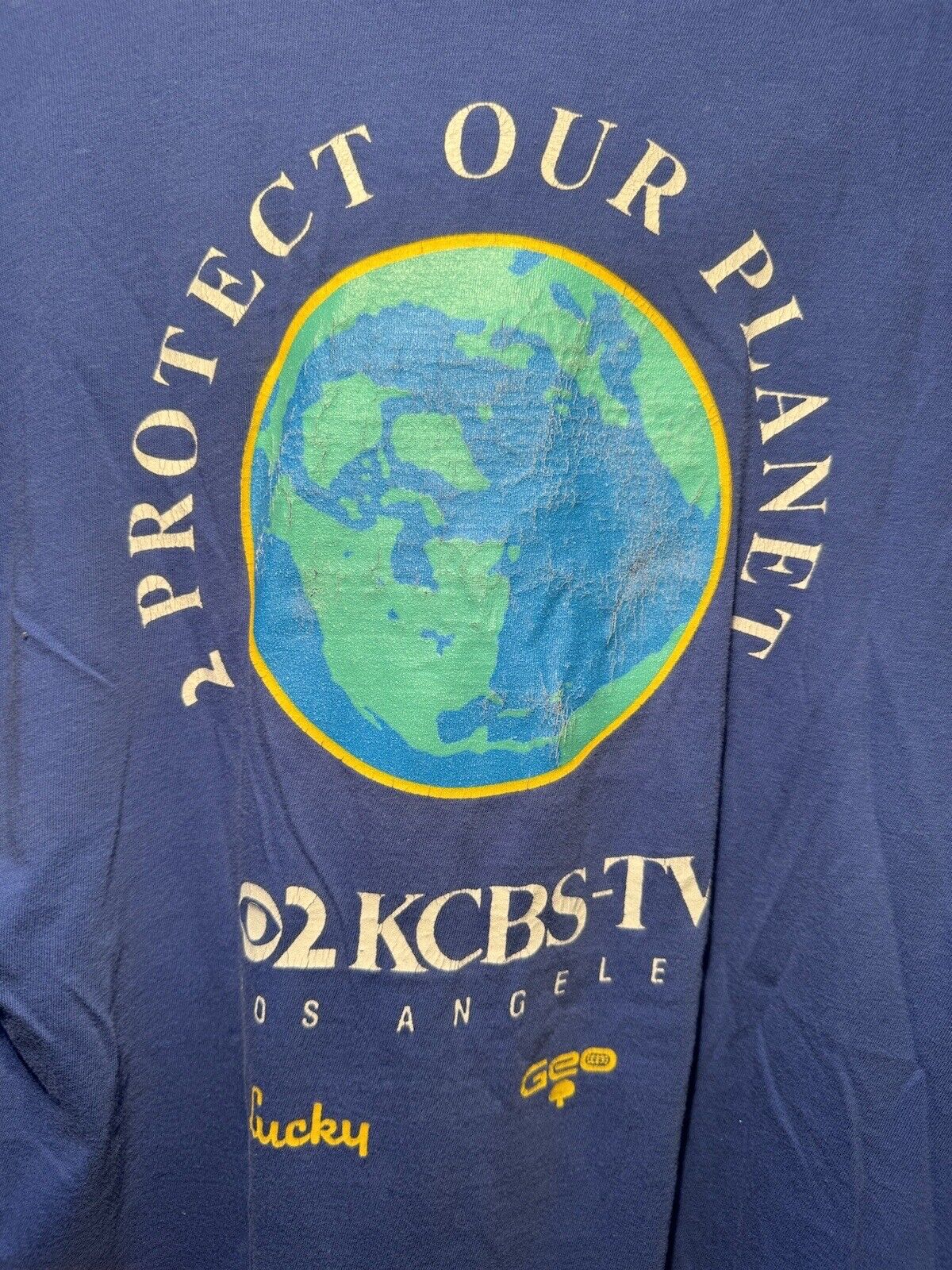 Vintage KCBS 2 Protect Our Planet T-Shirt Size L Blue 80s 90s Double Sided