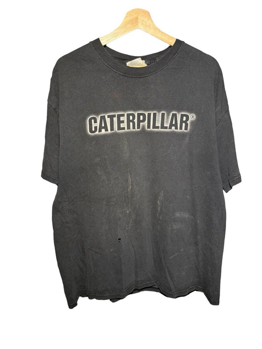 Vintage CAT Caterpillar Black T-Shirt Spell-Out Graphic XL Distressed 