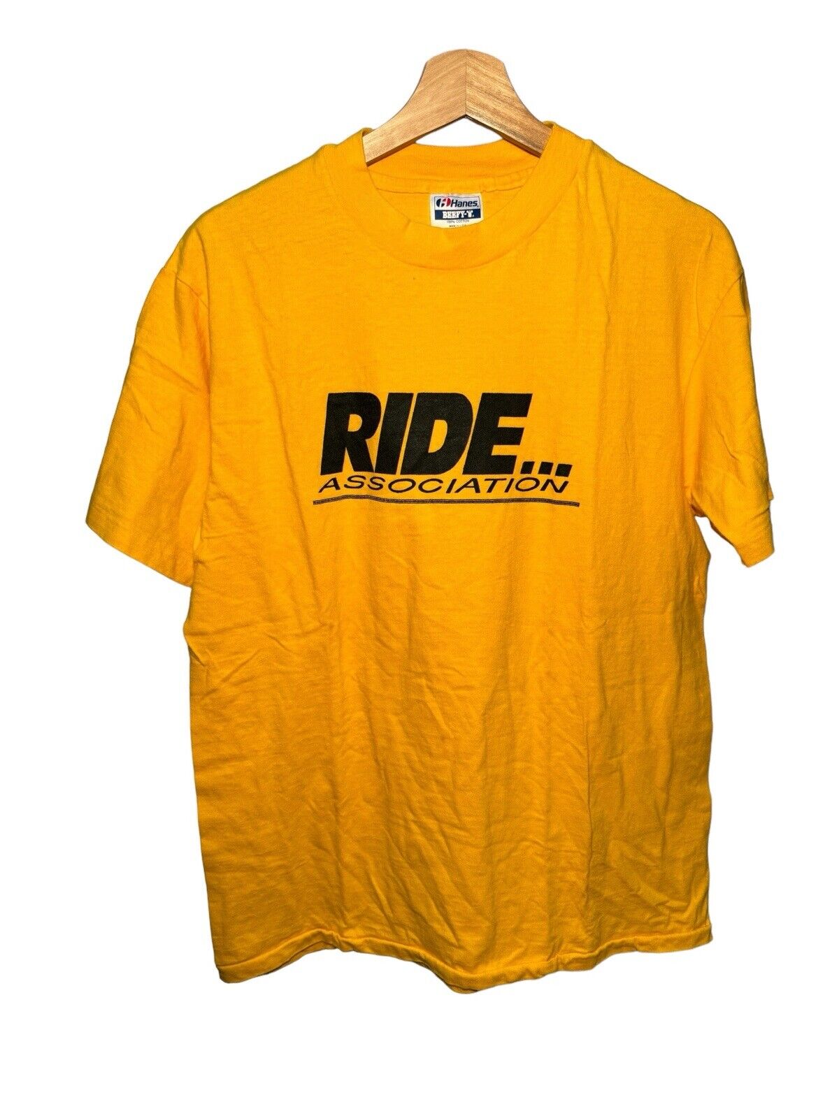 Vintage 90s Ride Association T-Shirt Yellow Sz L Hanes Single Stitch Biker Tee 