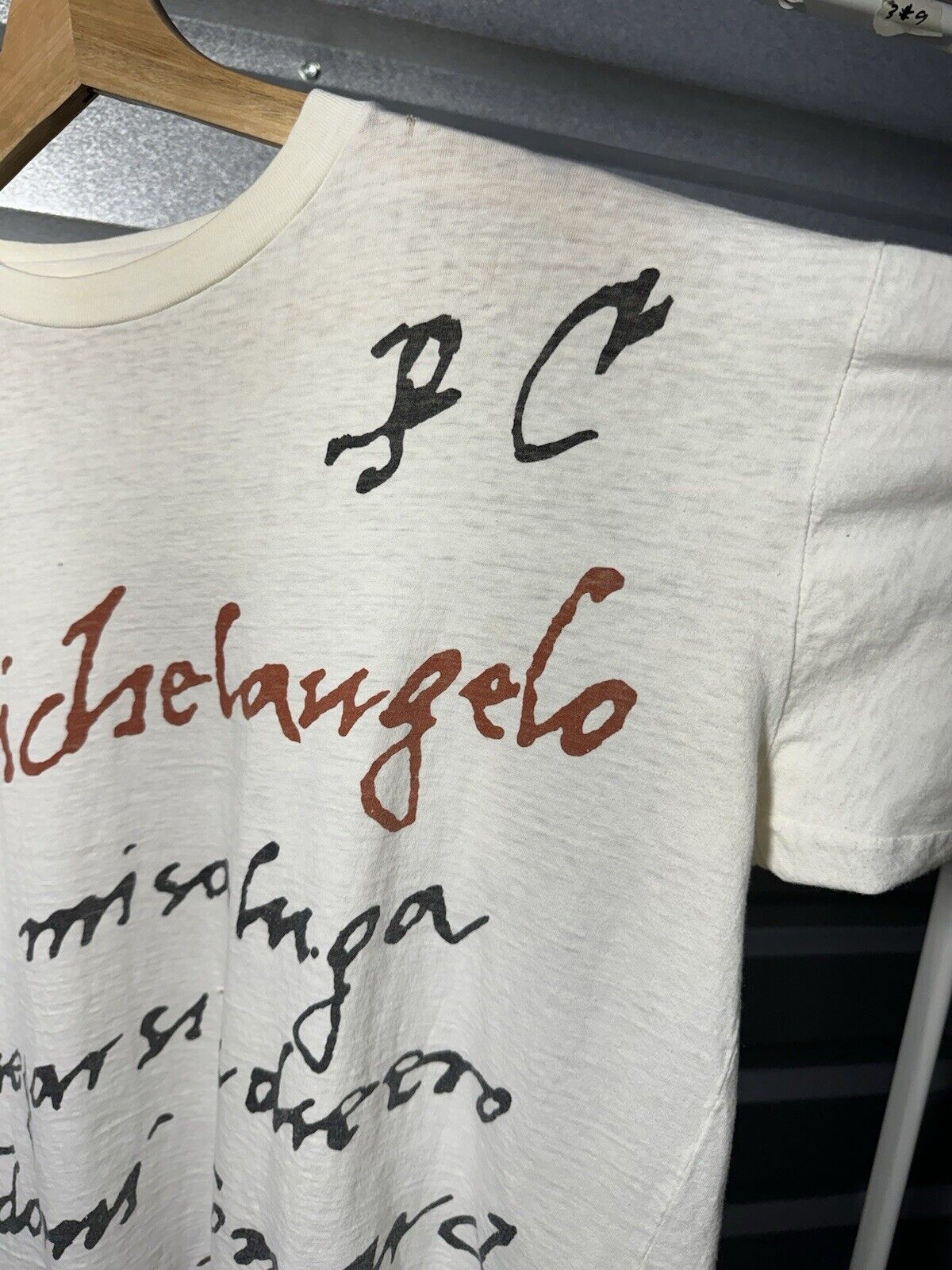 Vintage Michelangelo AOP Script Tee Thin 80s Art Artist L White Dbl Side T-Shirt