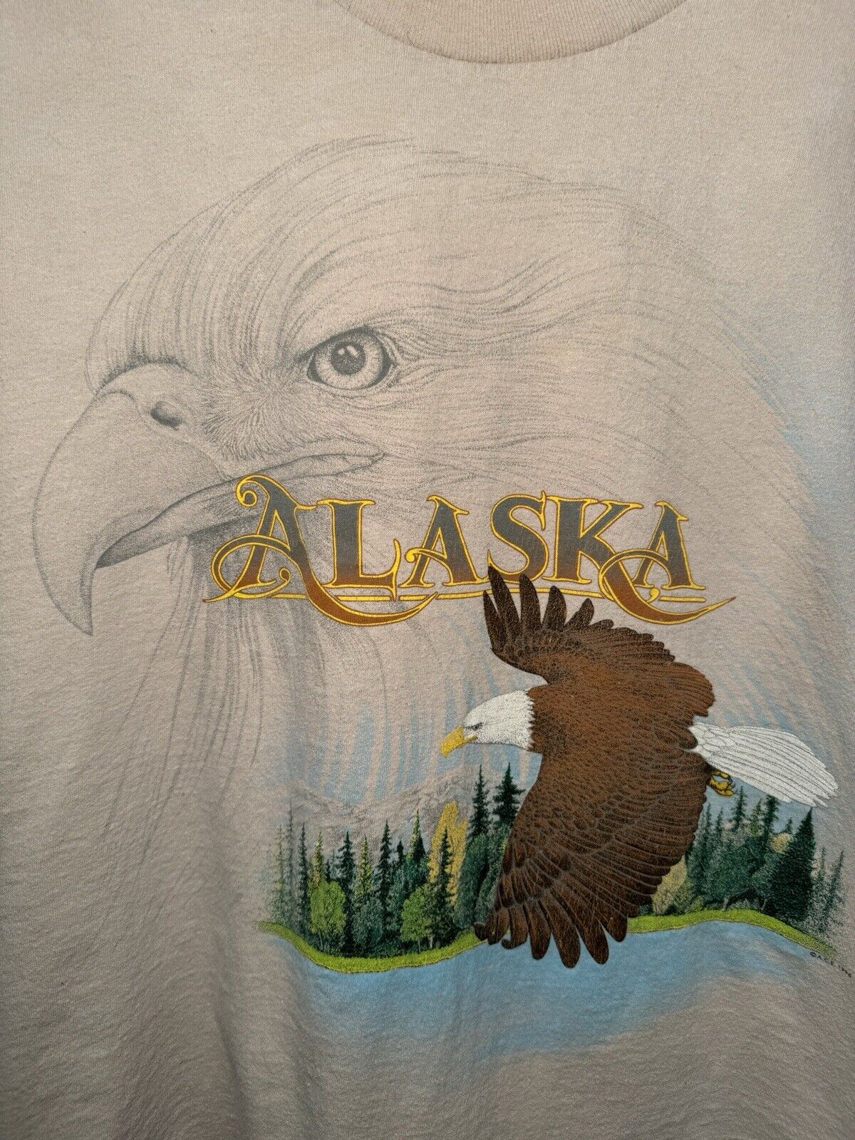 Vintage 90’s Alaska Eagle Graphic Single Stitch T-Shirt Beige Tan Size XL USA