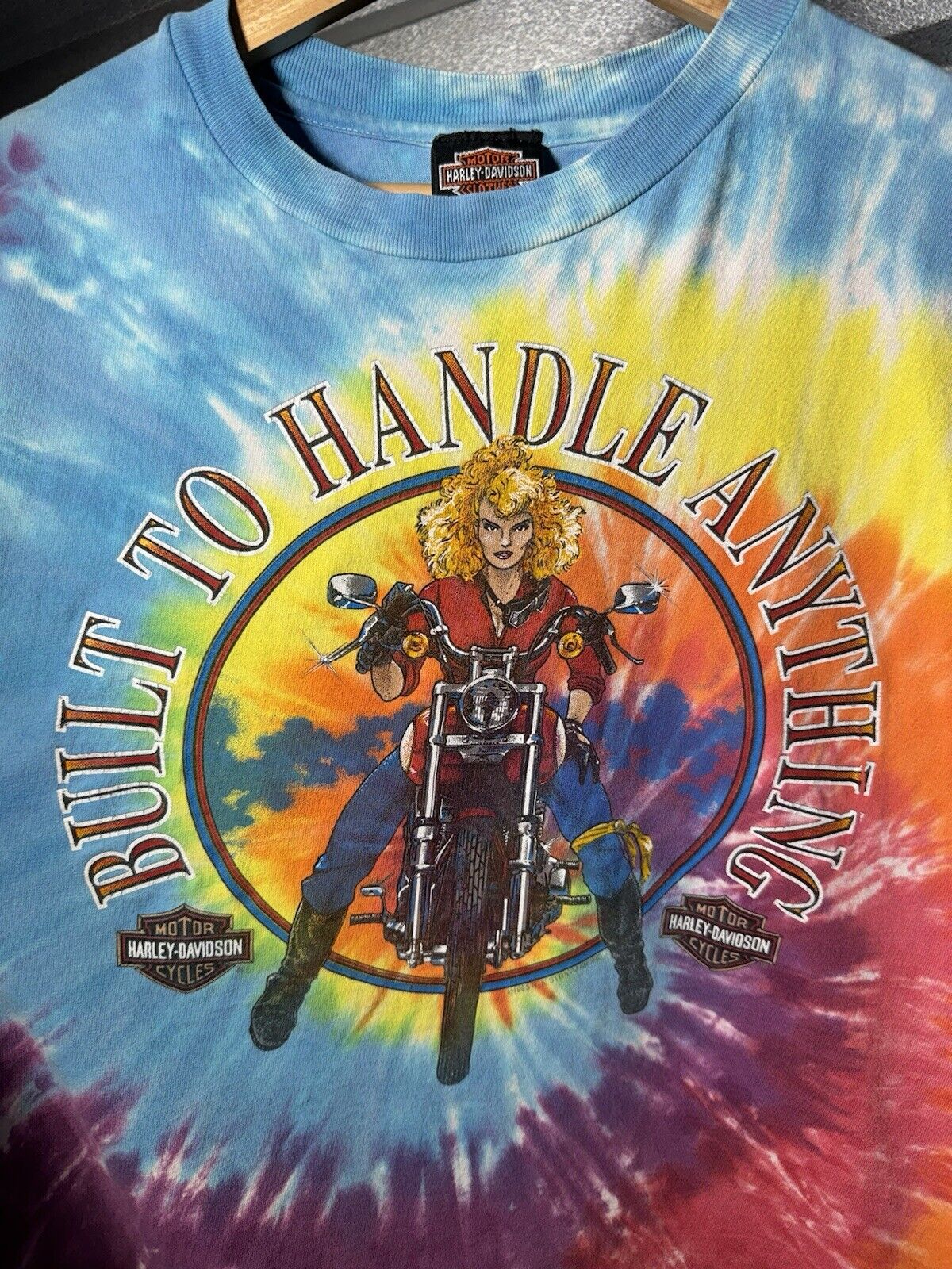 VTG 90s HARLEY DAVIDSON TIE DYE T SHIRT EXTRA LARGE BUILT TO HANDLE ANYTHING 