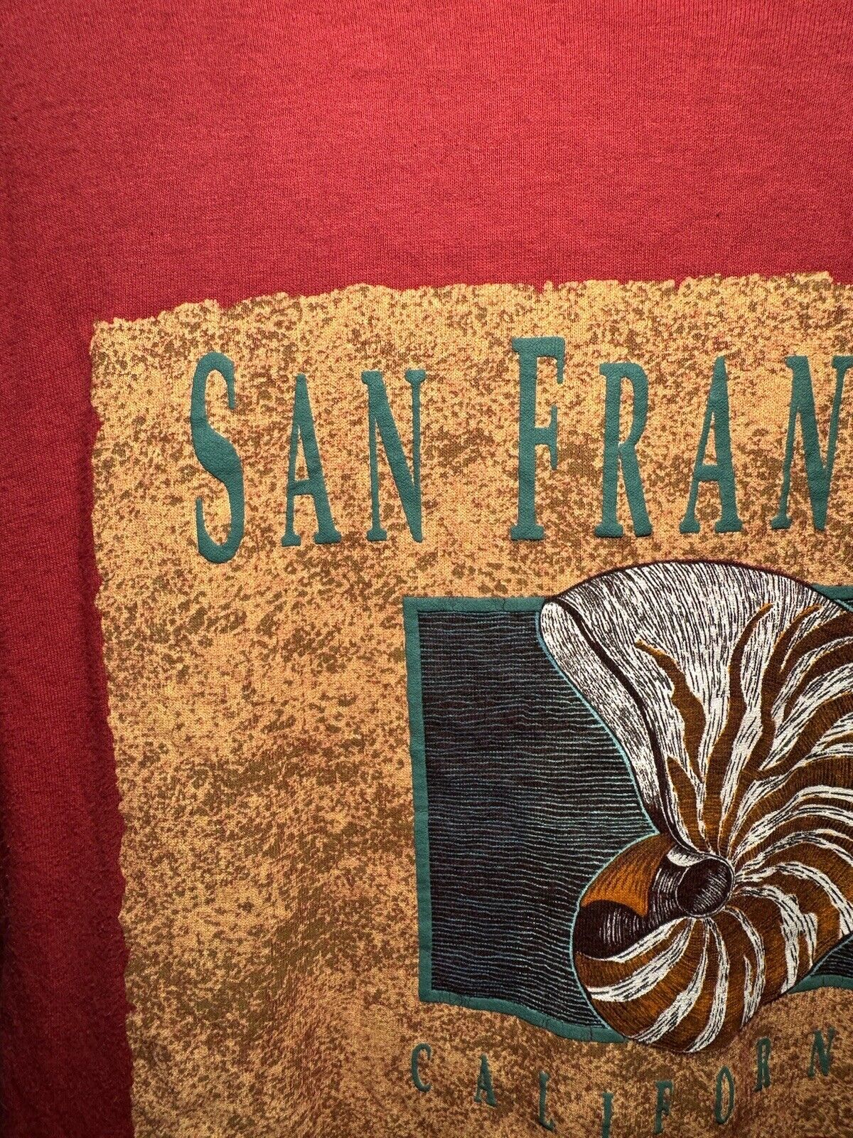 Vintage 80s 90s San Francisco Shell Graphic T-Shirt Sz L Red Short Sleeve 