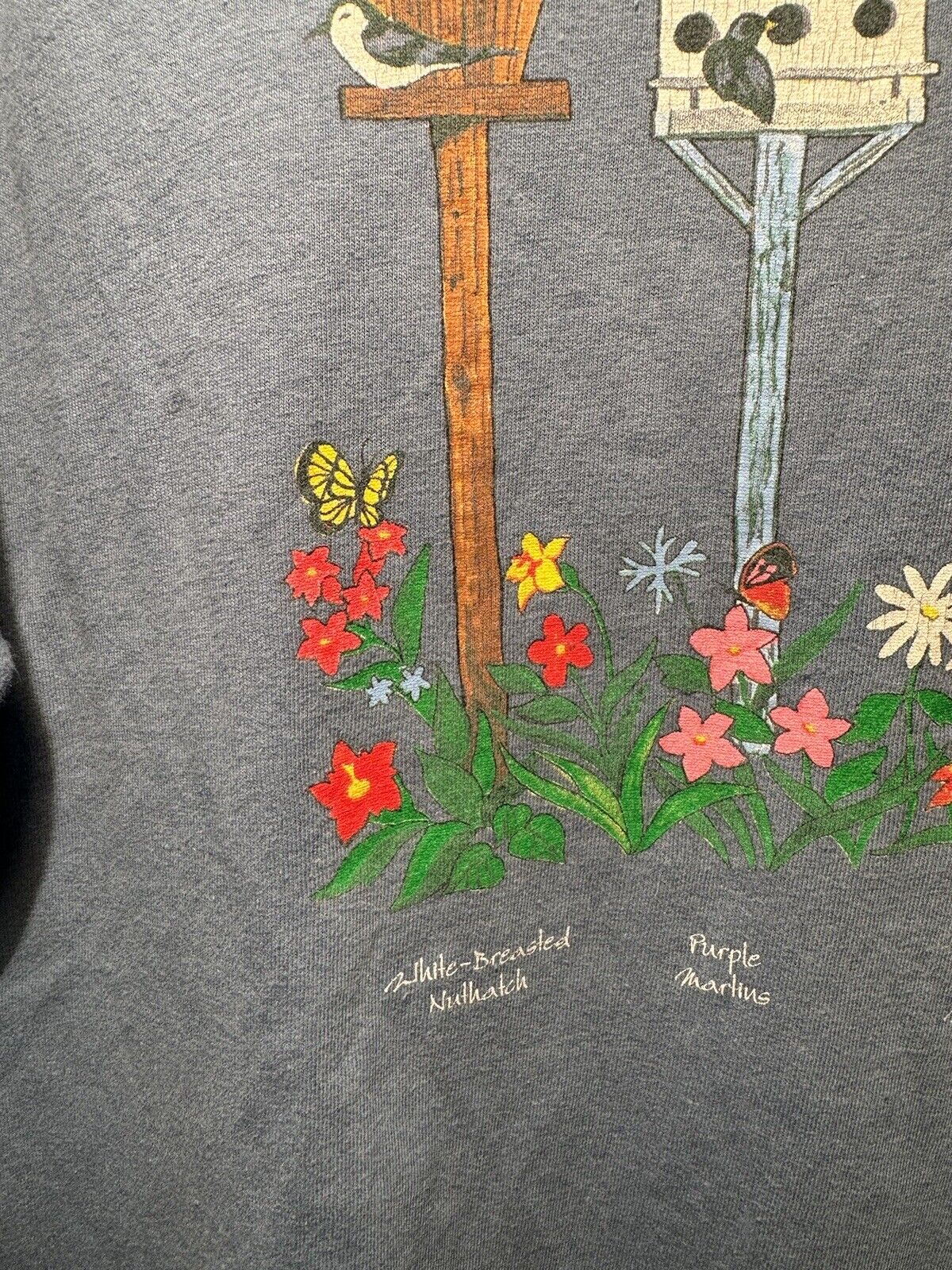 Vintage 90s Birds Flowers and Birdhouses T-Shirt Women’s L Blue Single Stitch  