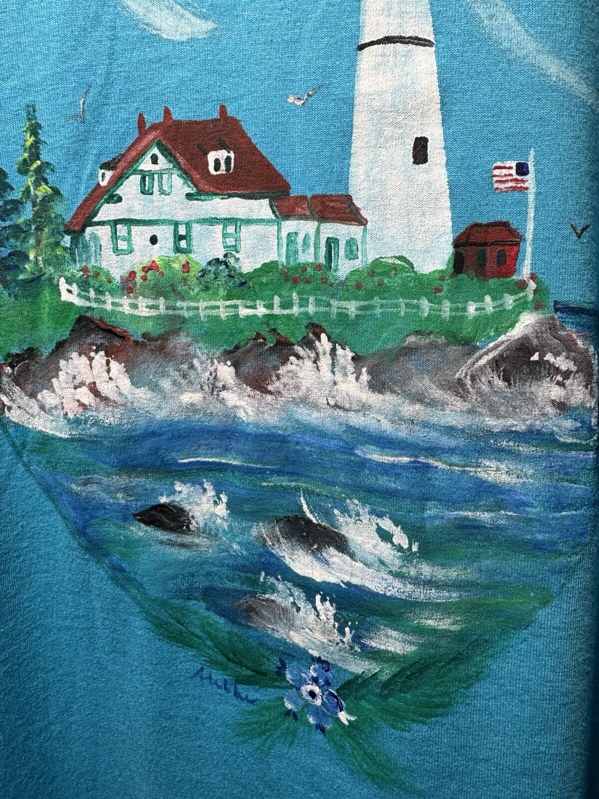 Vintage Portland Head Light Art T-Shirt Sz XL Blue FOTL USA Artist 