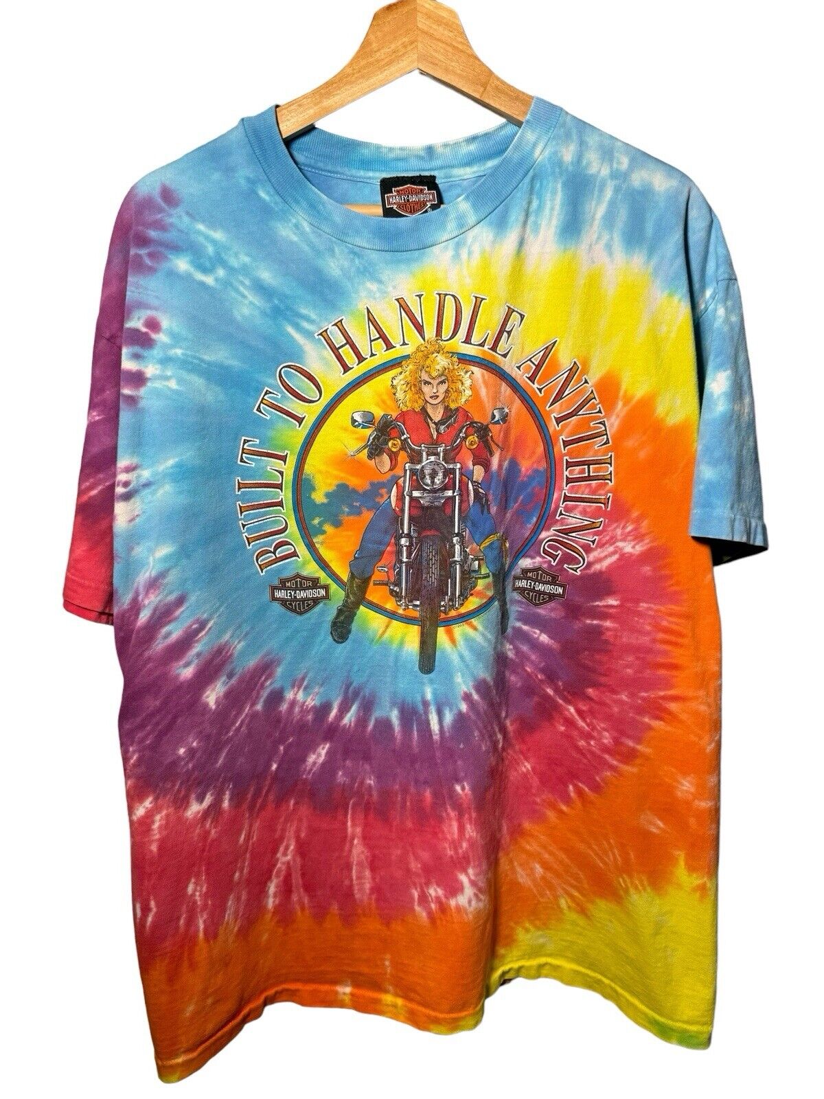 VTG 90s HARLEY DAVIDSON TIE DYE T SHIRT EXTRA LARGE BUILT TO HANDLE ANYTHING 