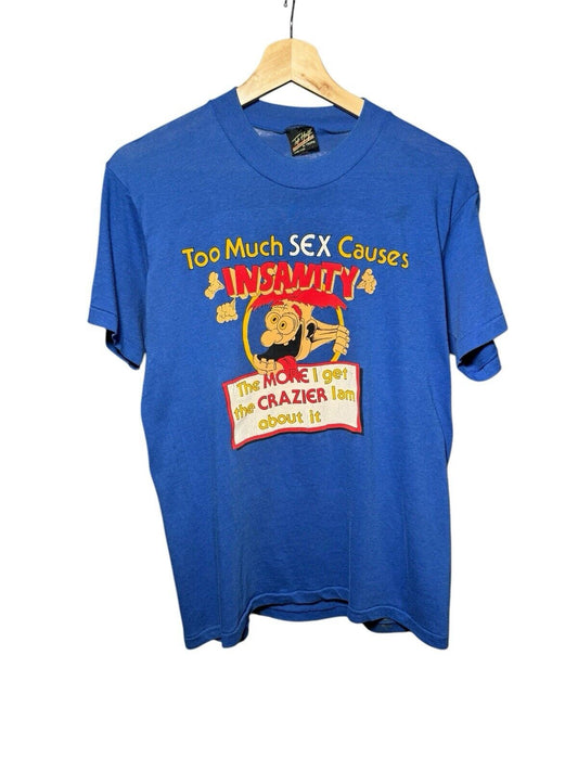 Vintage 70s 80s Too Much Sex Funny T-Shirt Blue Sz L Quotes Humor USA