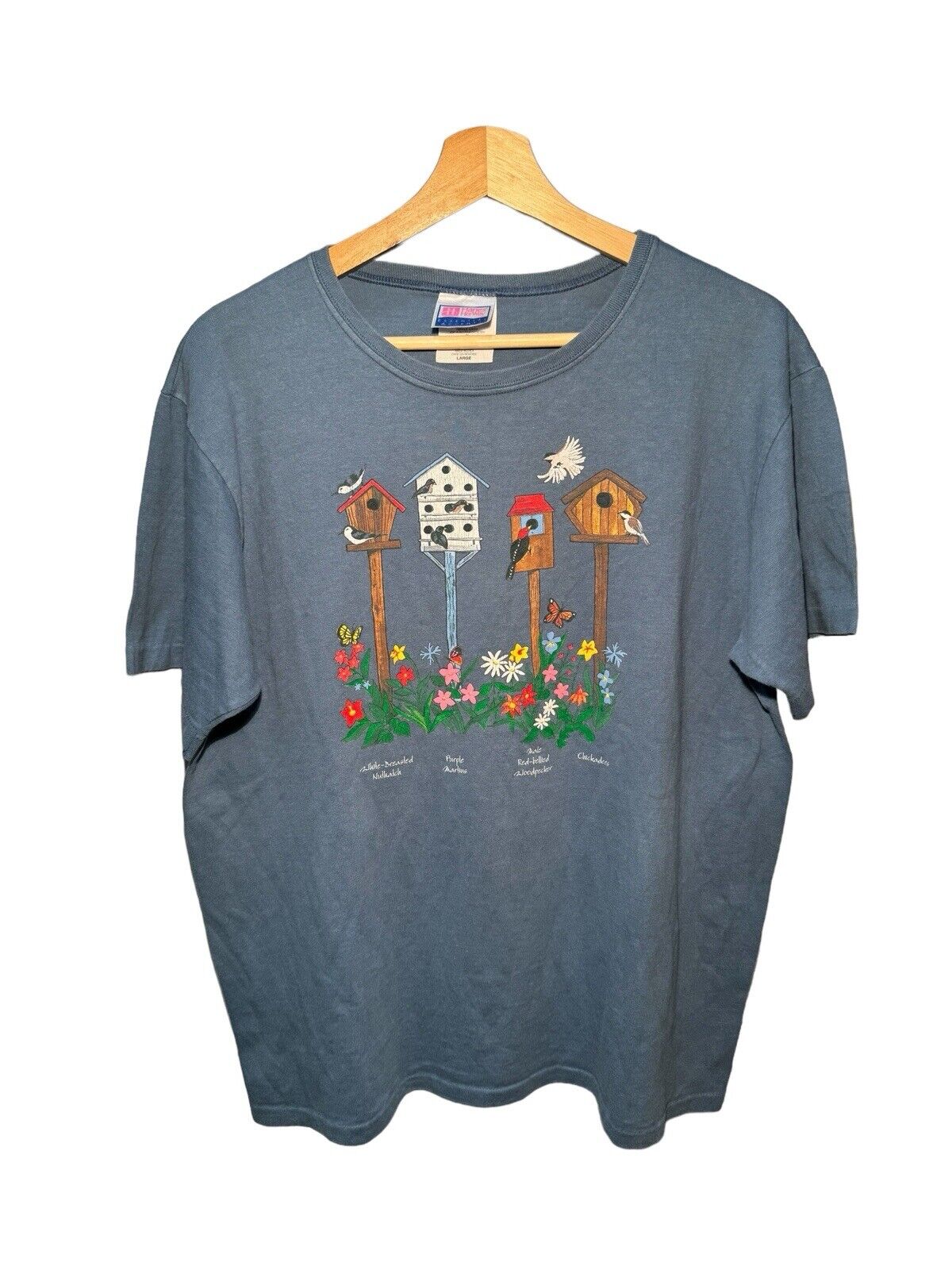 Vintage 90s Birds Flowers and Birdhouses T-Shirt Women’s L Blue Single Stitch  