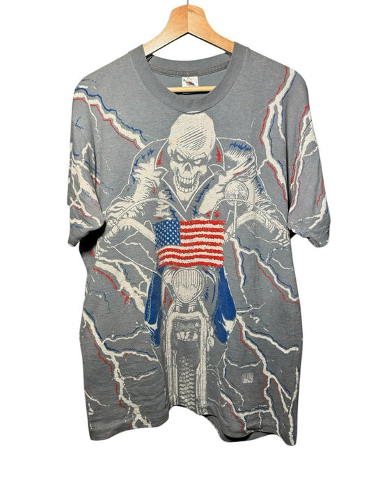 Vintage 1994 USA Biker Motorcycle Skull AOP Sz L Faded Fruit Of The Loom RARE