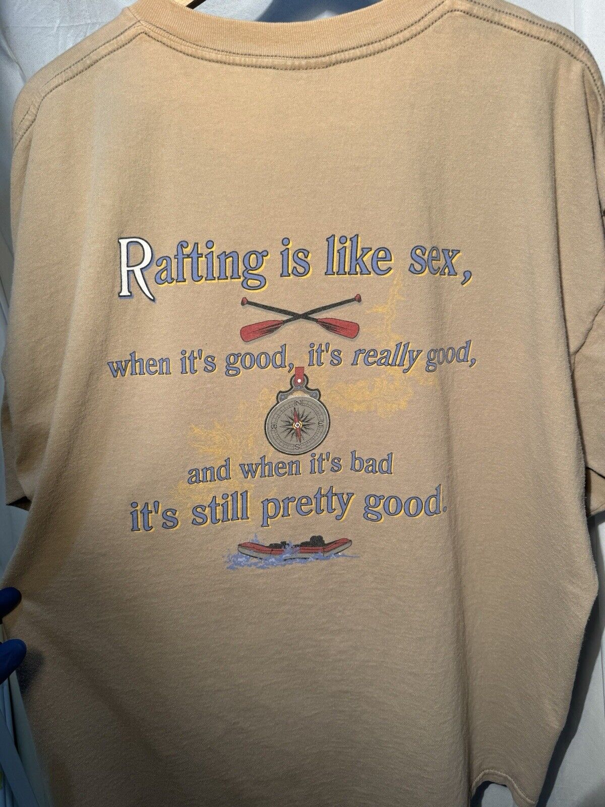 Vintage 90s Rafting Is Like Sex Funny T-Shirt Sz XXL Tultex Beige Quotes 