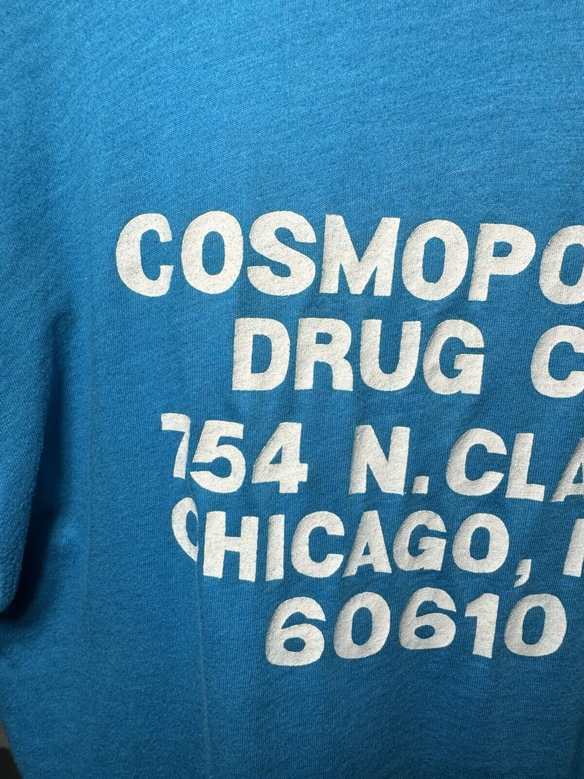 Vintage I Get My Drugs At Cosmos T Shirt Blue Sz L Made In USA 70s 