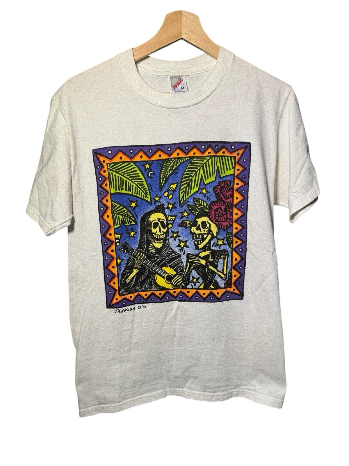 Vintage 90s Día de los Muertos Day of the Dead T-Shirt Men M USA White 1992 