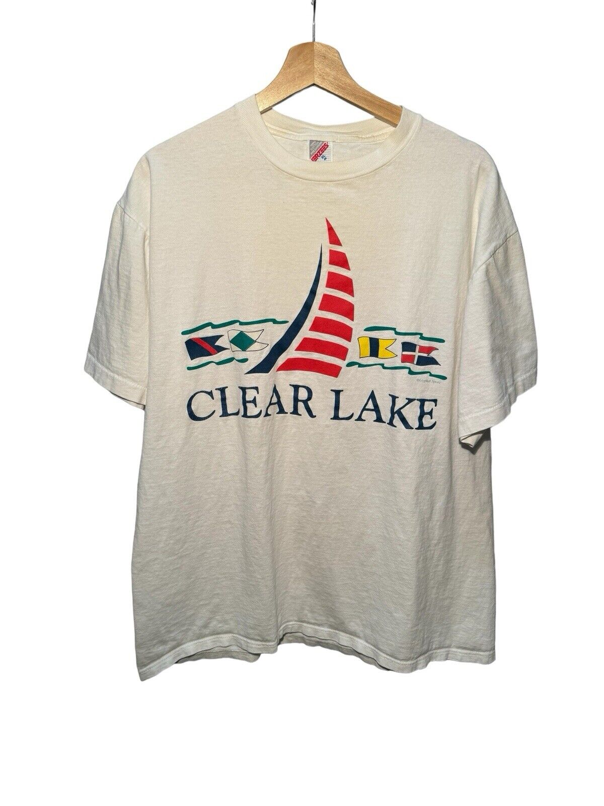 Vintage Clear Lake Sail Boat T-Shirt Sz XL Jerzees Made in USA White 