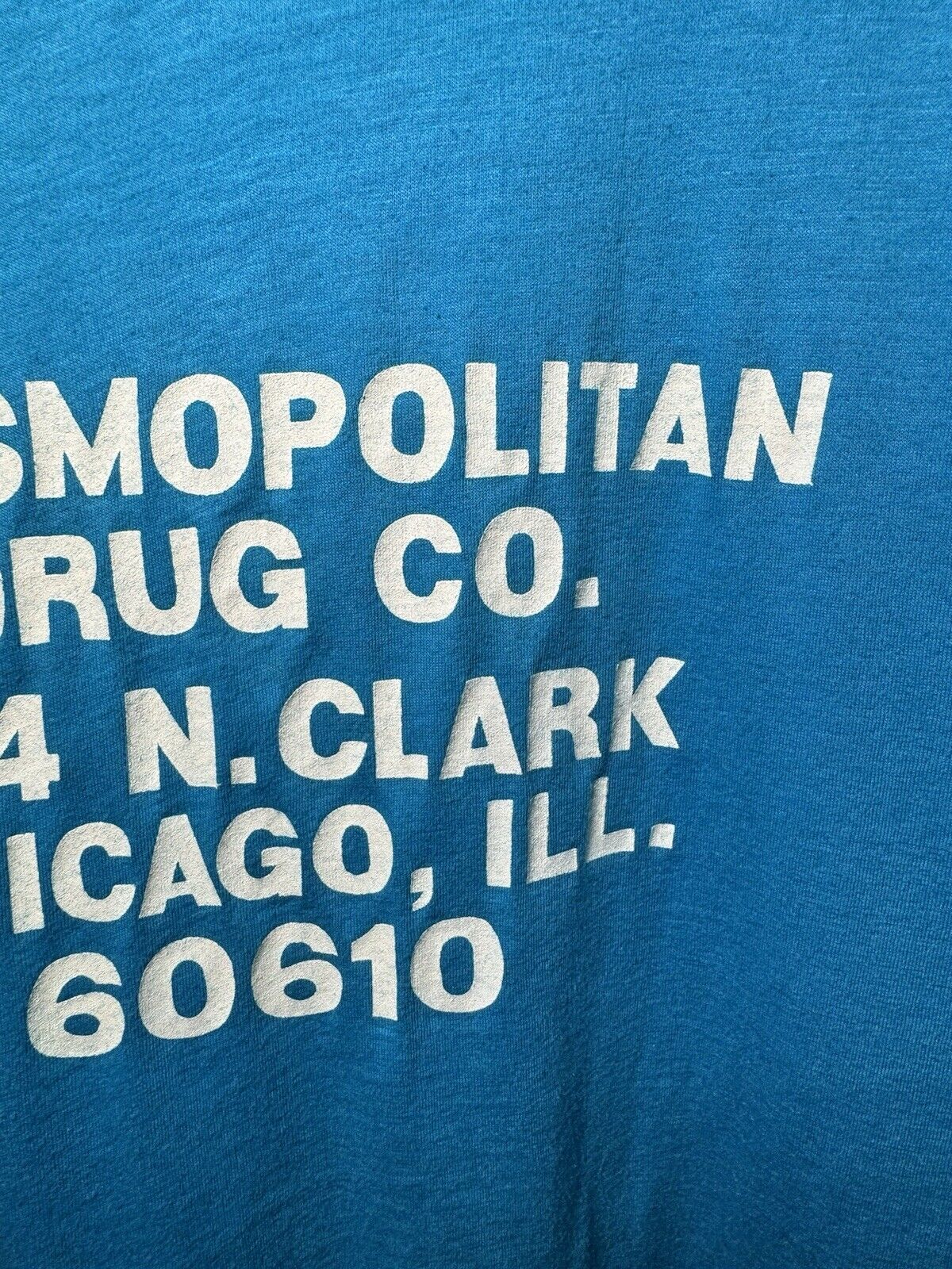 Vintage I Get My Drugs At Cosmos T Shirt Blue Sz L Made In USA 70s 