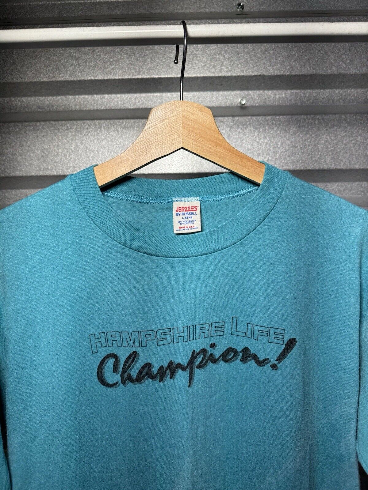 Vintage Hampshire Life Champions T-Shirt Blue Sz Large Jerzees Single Stitch 