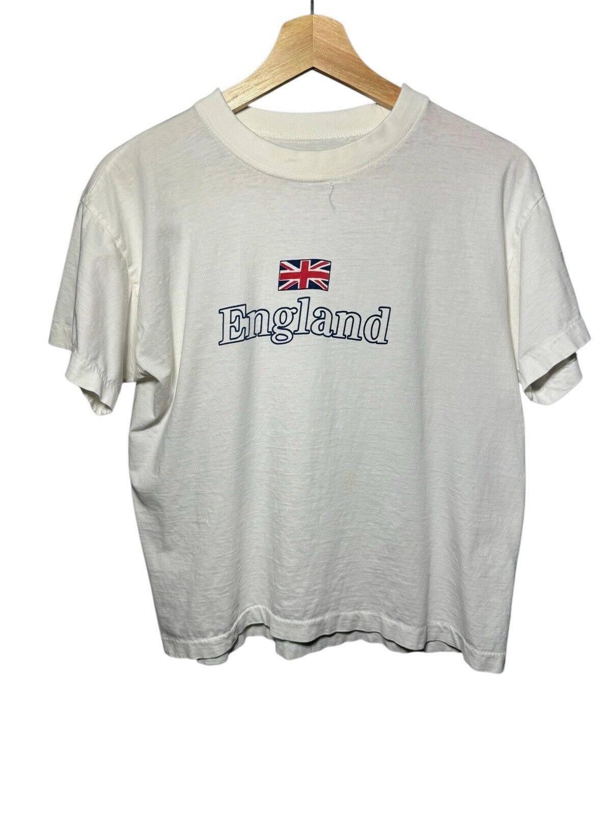 Vintage England T-Shirt Sz M White Single Stitched Flag Graphic 80s 90s