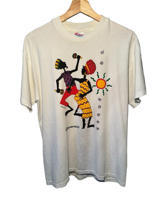 Vintage 90s Hawaii Dancing Tribe T-Shirt Size M Single Stitch Made USA White 