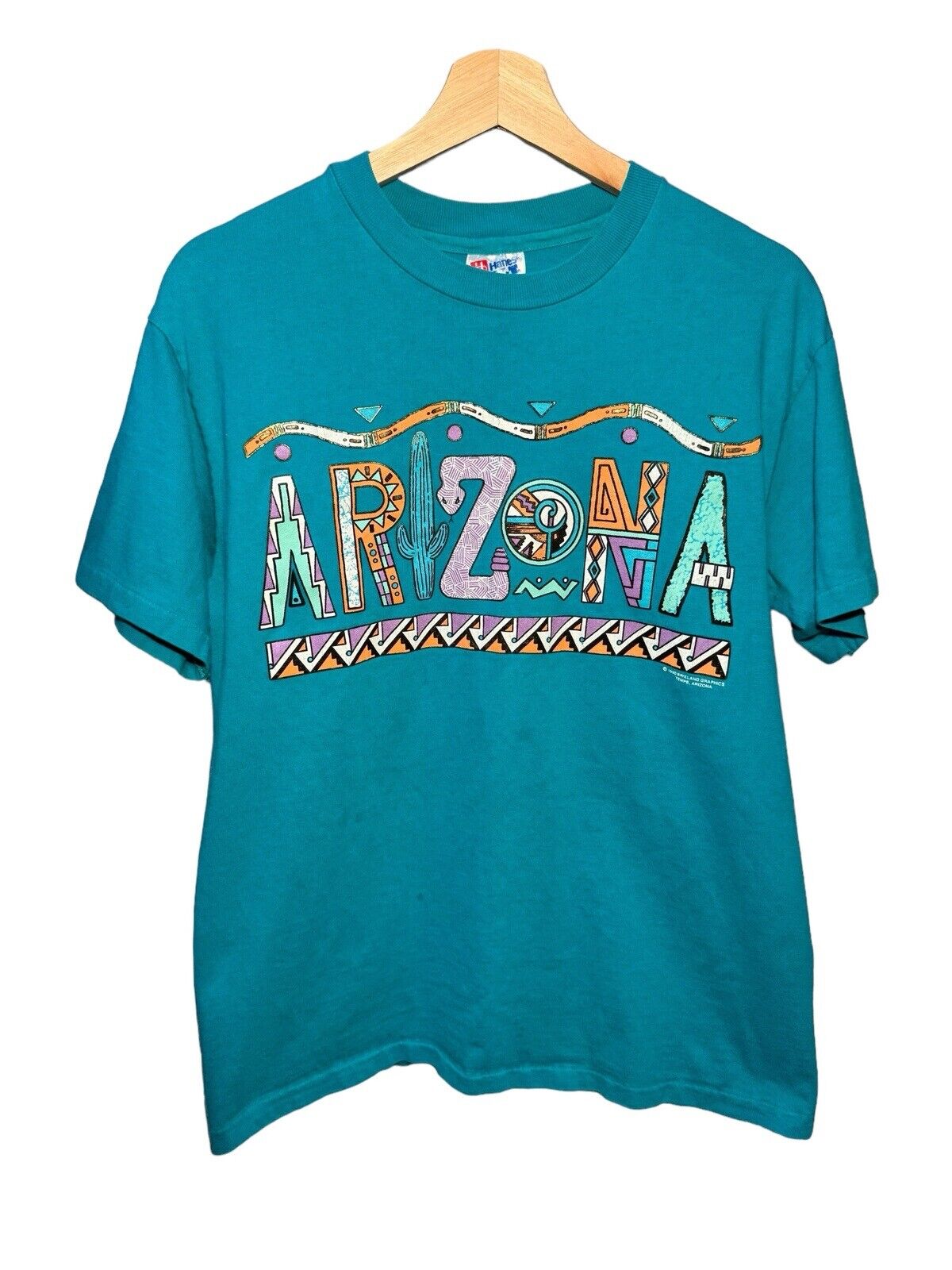 Vintage Arizona Spell-out Graphic Blue T-Shirt Sz M Hanes Single Stitch 