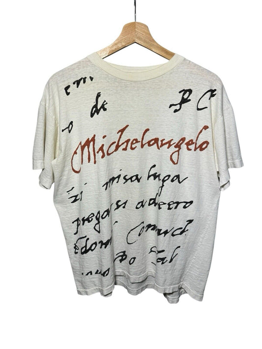 Vintage Michelangelo AOP Script Tee Thin 80s Art Artist L White Dbl Side T-Shirt