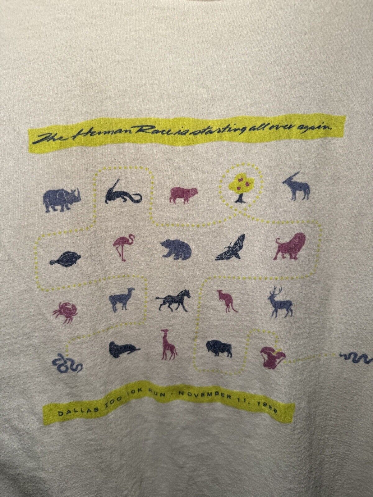 Vintage 1989 Dallas Zoo 10K Run T-Shirt Double Sided Sz L White Animals 80s 