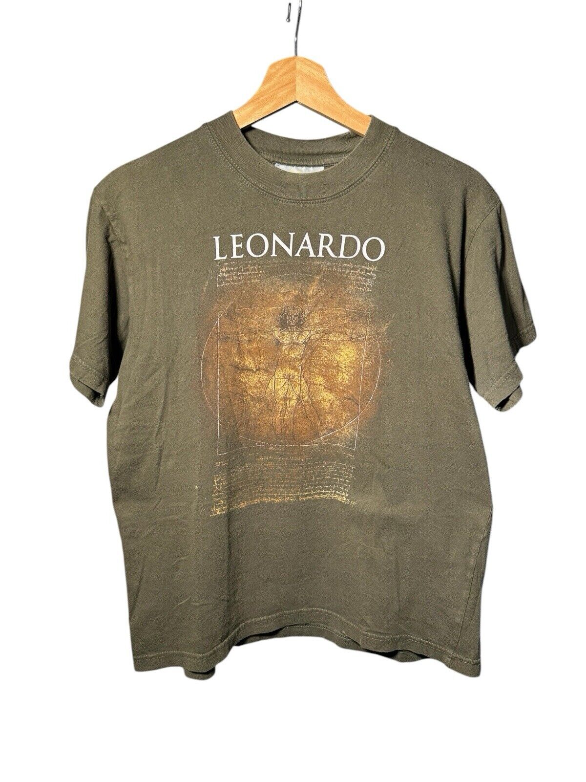 Vintage Leonardo Da Vinci T-Shirt Vitruvian Man Shirt Green Size Small Rare 