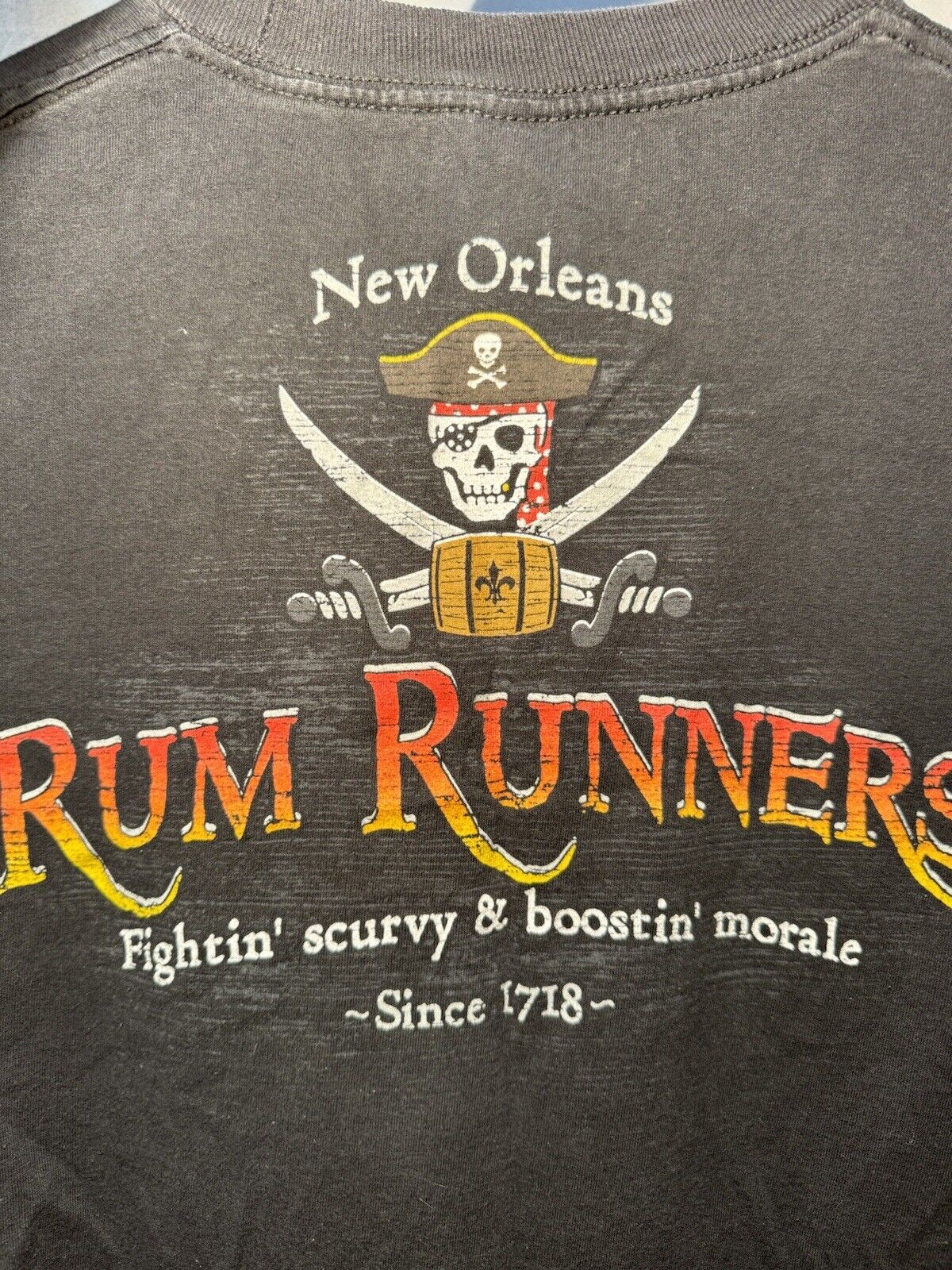 Vintage New Orleans Rum Runners T-Shirt Sz L Black Double Sided Skull USA