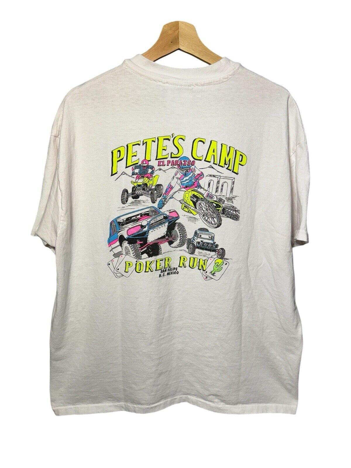 Vintage Pete’s Camp Poker Run T-Shirt 90s White Dbl Sided Hanes XL 