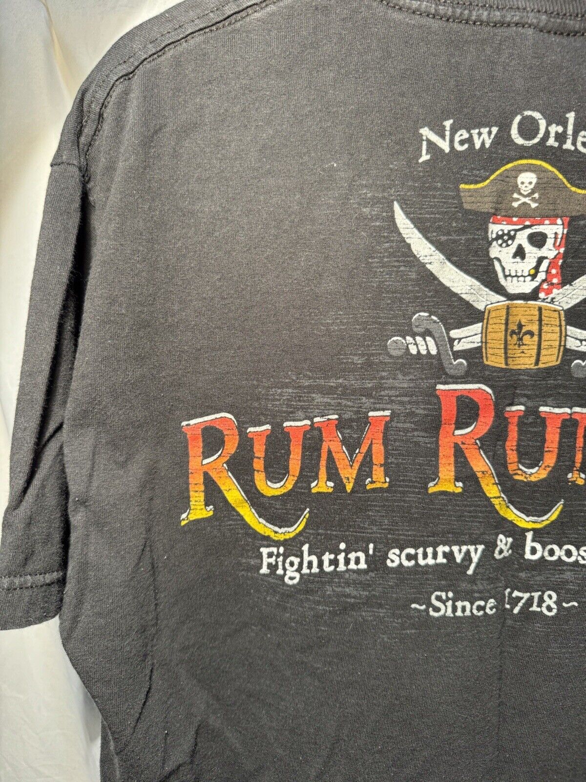 Vintage New Orleans Rum Runners T-Shirt Sz L Black Double Sided Skull USA