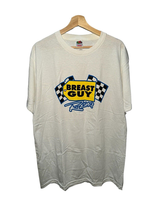 Vintage 90s Breast Guy Racing T-Shirt Best Buy Parody Funny Sz L White Dbl Sided