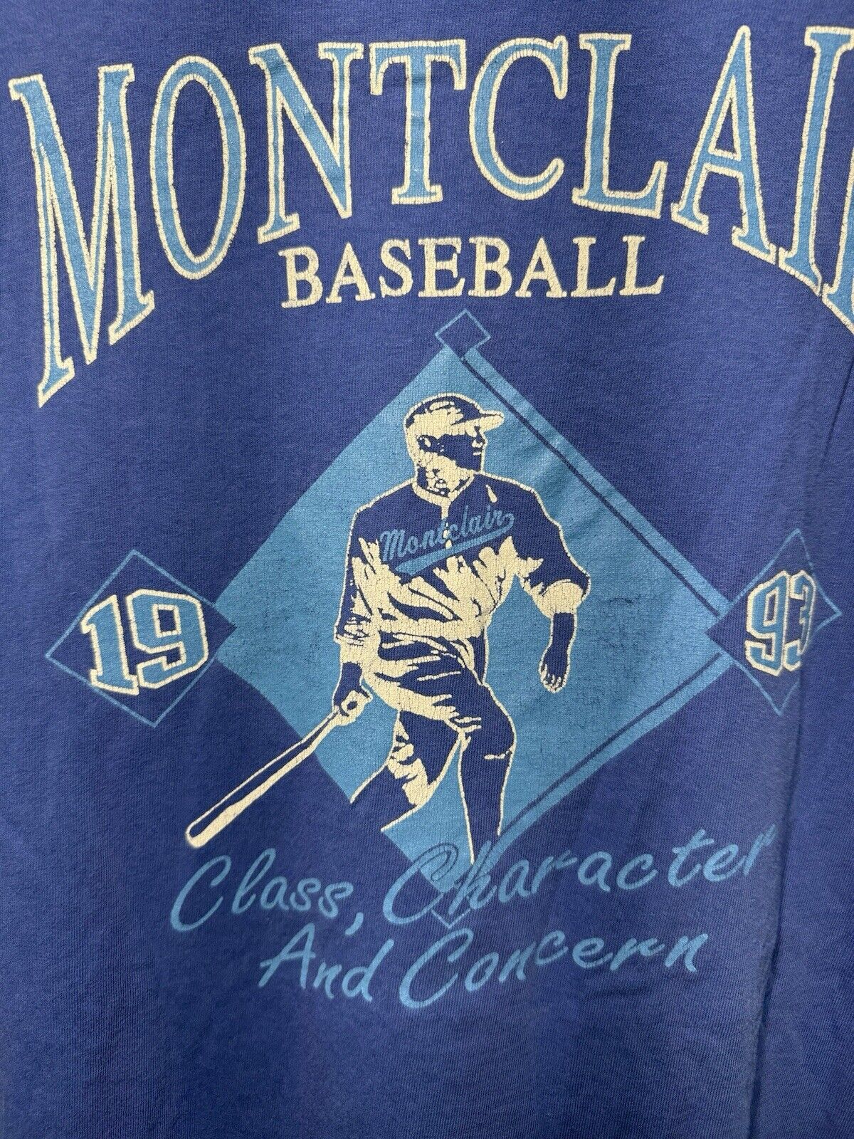 Vintage 1993 Russell Athletic Montclair Baseball T-Shirt L Blue Dbl Sided USA 