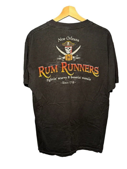 Vintage New Orleans Rum Runners T-Shirt Sz L Black Double Sided Skull USA